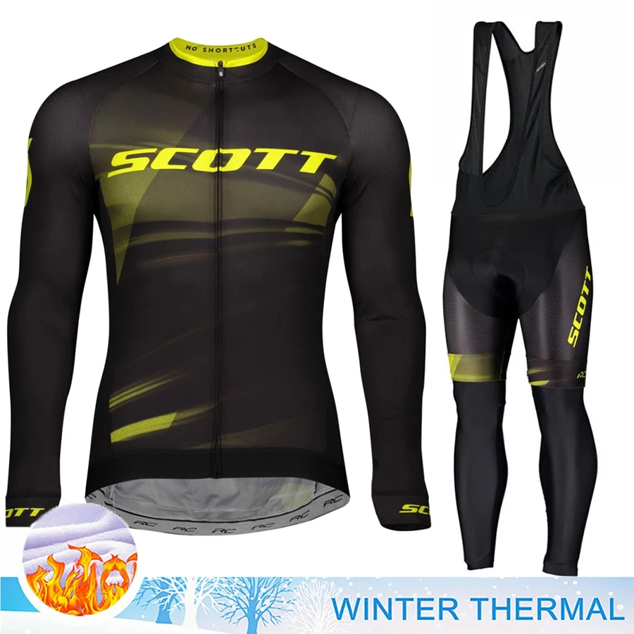 

SCOTT Sports Set Cycling Clothing Man Bicycle Costume for Men's Bike Winter Jersey Thermal Fleece Bib Pants Mountain Clothes Gel