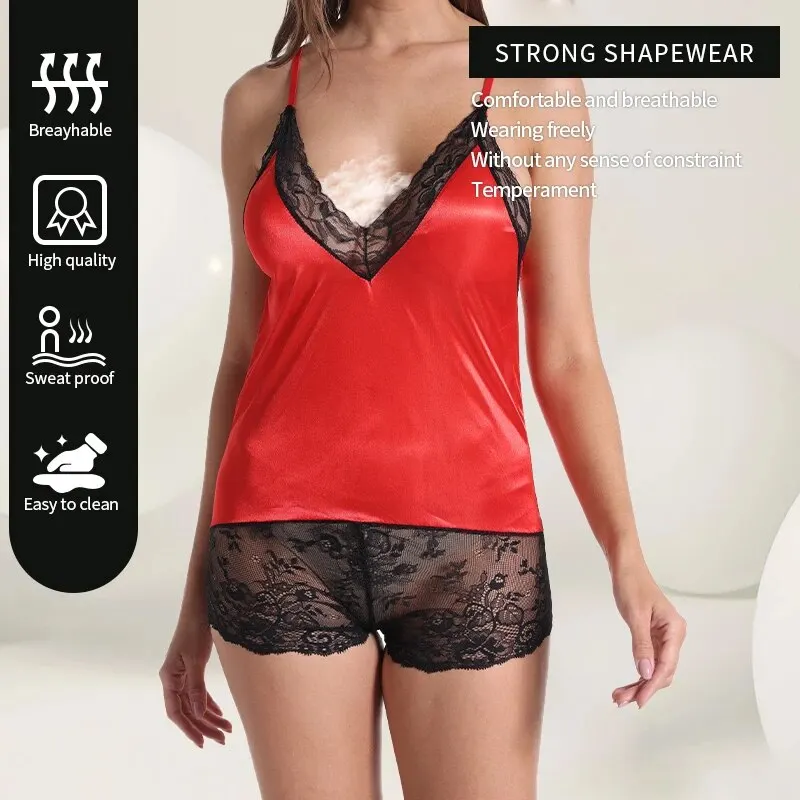 Summer Women's Sexy Low Cut V-Neck Lace Jumpsuit Women's Camisole V-Neck Lace Patchwork Shorts Pajamas