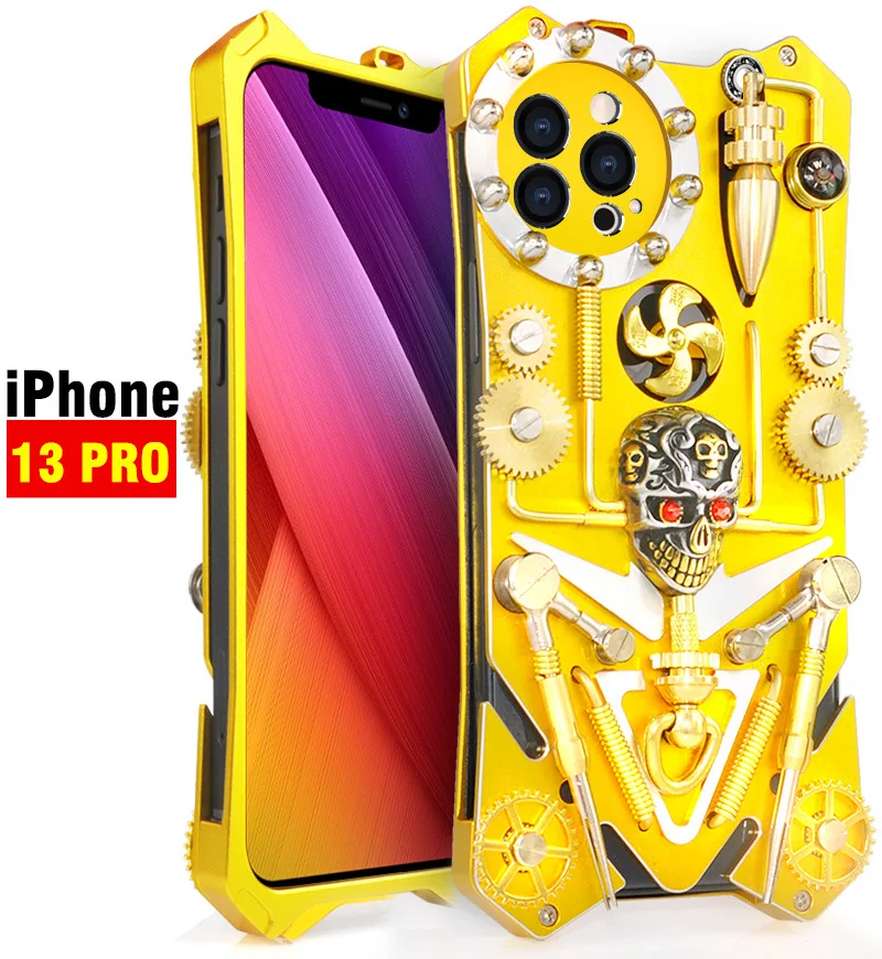 Original Luxury Armor Metal Aluminum Phone Case For Iphone 13 12 11 Pro Max 8 7 Se Cover Mechanical Purely Handmade Skull Shell
