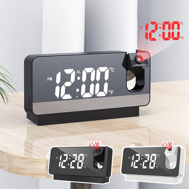 Reloj despertador de proyección con pantalla LED grande, despertador  electrónico Digital, pantalla de espejo LED, proyector giratorio de 180 ° -  AliExpress