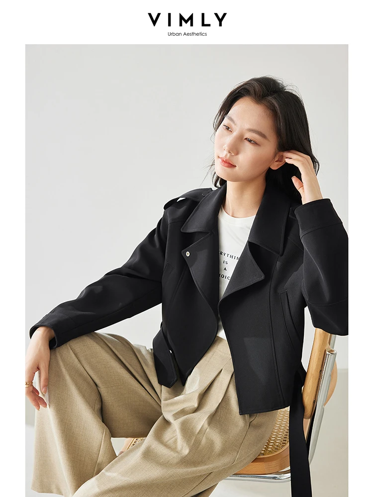 Vimly Light Khaki Crop Trench Coat Lapel Tie Belt Women's