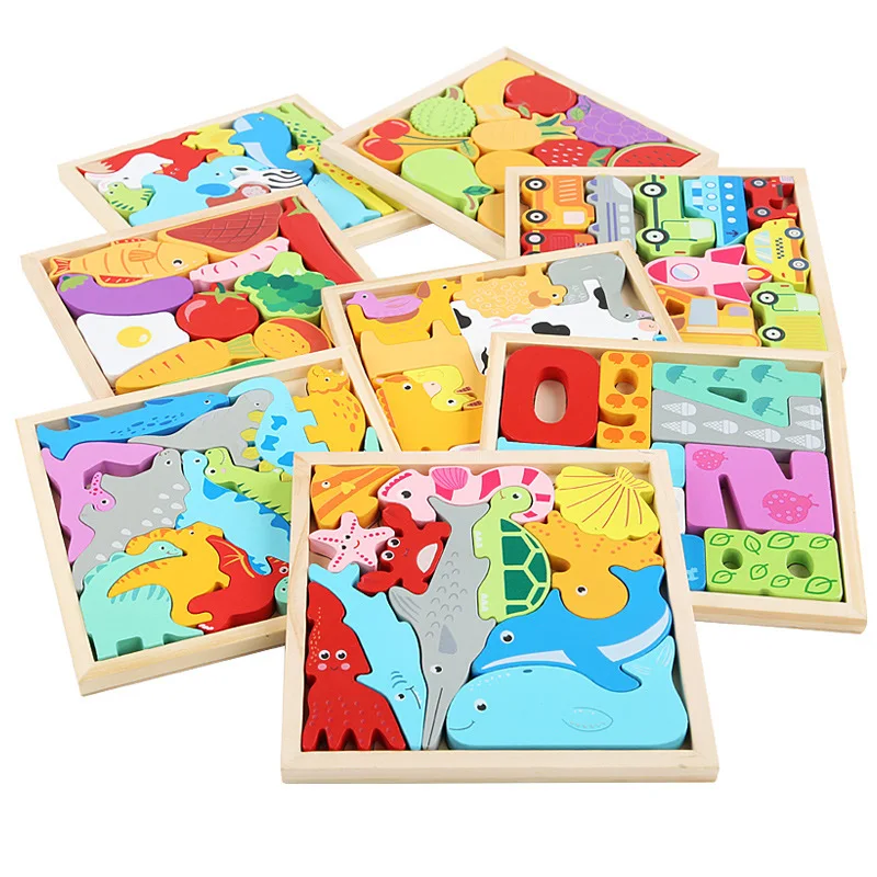 Children Montessori Wooden Toys Block Cartoon Animal Three-dimensional Jigsaw Puzzle Early Education Grab Board  3d Puzzle Toys 3