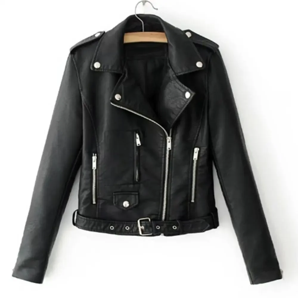

Women's Short Slim Fitting Motorcycle PU Jacket Lady Versatile Leather Long Sleeve Lapel Zipper Button Pocket