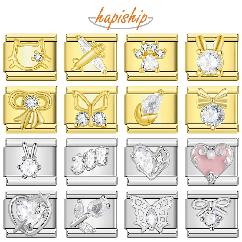 Hapiship moda estrella ala corazón redondo Arco Iris corona brillante CZ eslabones italianos encanto ajuste 9mm fabricación de pulseras de acero inoxidable DJ444