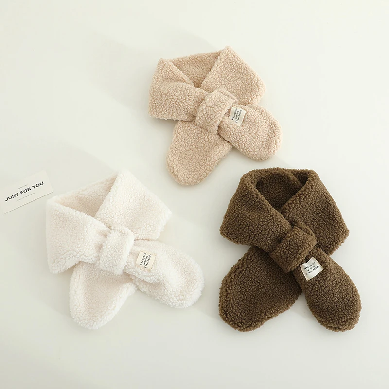 Korean Simple Kids Cross Scarf Lamb Wool Winter Baby Neckerchief Windproof Warm Solid Color Girls Boys Scarves