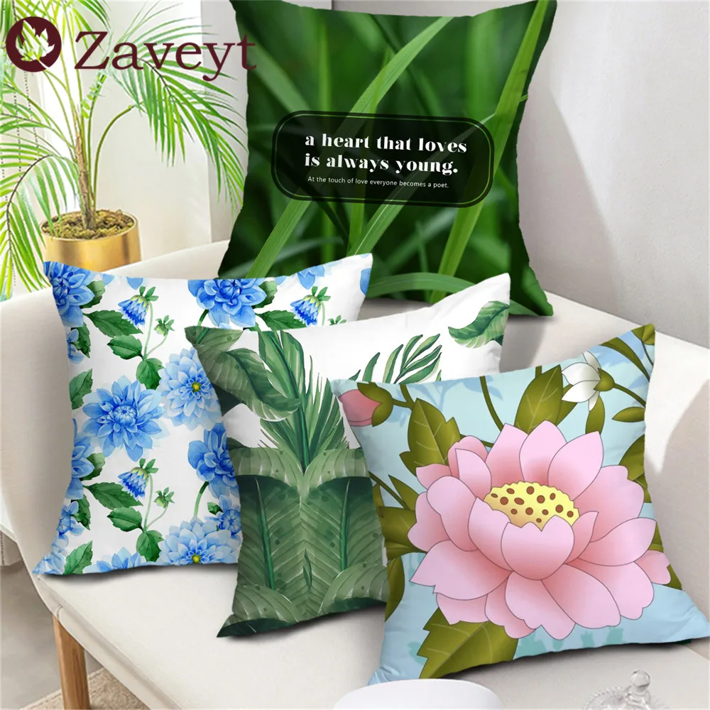 

Green Tropical Plantain Leaf Cushion Cover Polyester Peach Skin Pillow Case Big Floral peony Lotus Printed Pillow Cover Sofa Car