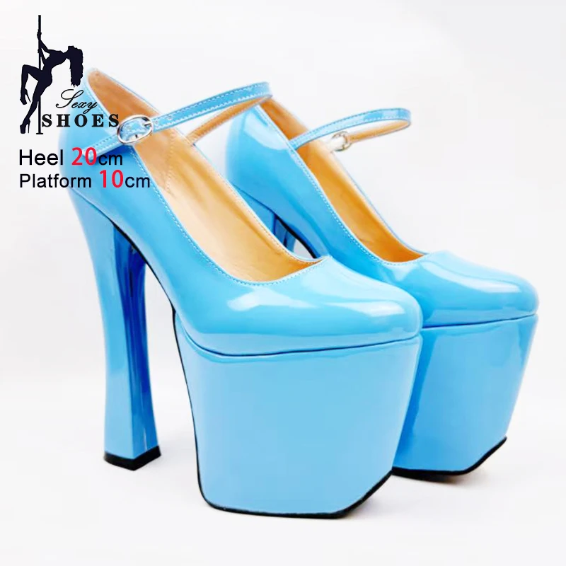 20CM Extreme High Heels Runway Single Shoes 10CM Platform Blue Buckle Strap Shallow Europe and America Large Size Woman Pumps