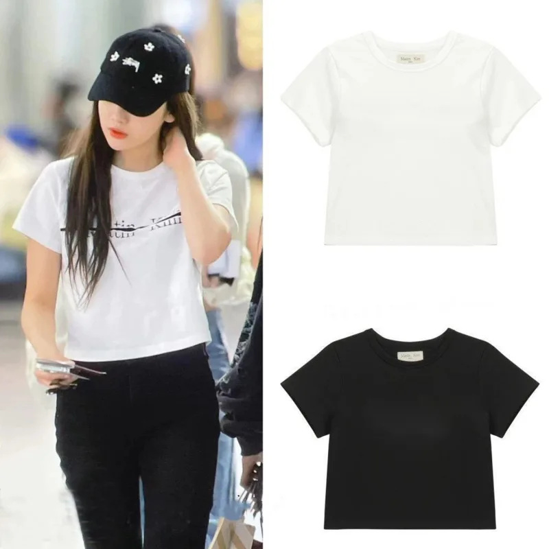 

Kim Cut Letter T-shirt 2024 Ningning Artist Same Korea Harajuku Tear Short Sleeve Cotton Solid Color T-shirt Summer Top Pullover