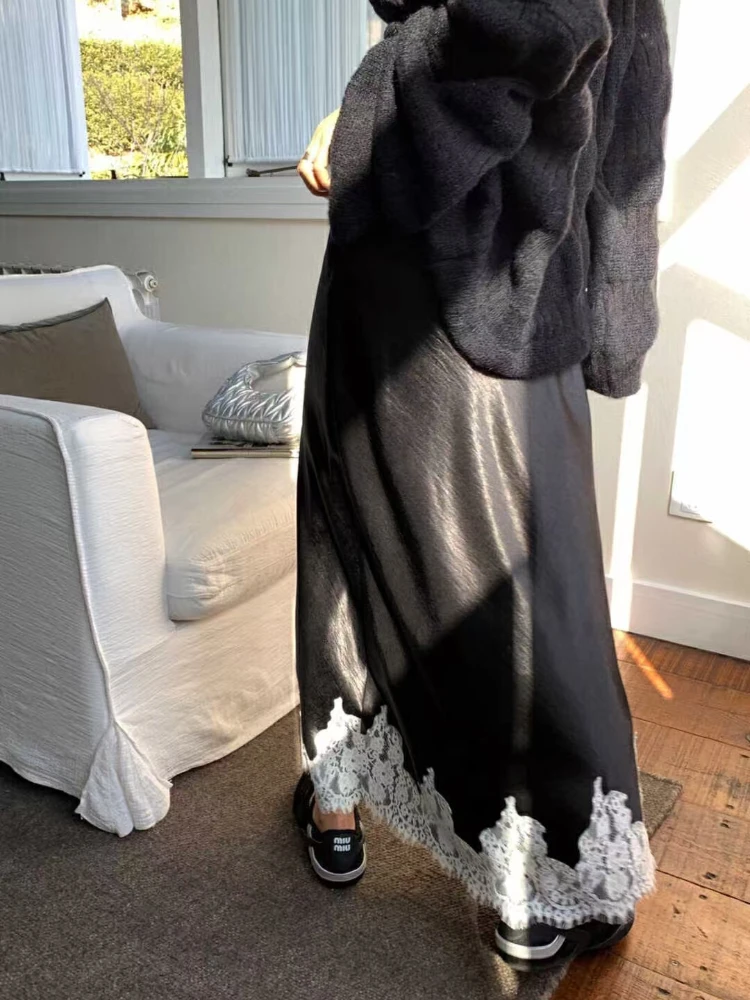 Satin Lace Patchwork Midi Skirt 2025 Women A-line Elegant Smooth Skirt Women Clothing 1