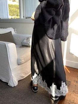 Satin Lace Patchwork Midi Skirt 2025 Women A-line Elegant Smooth Skirt Women Clothing 1