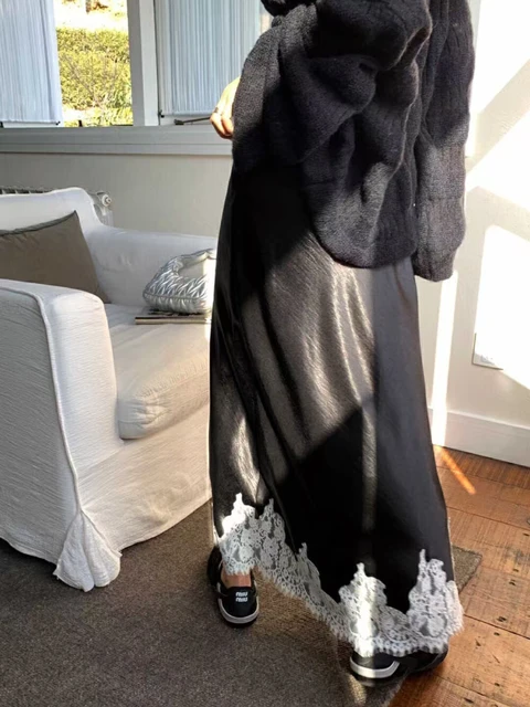 Satin Lace Patchwork Midi Skirt 2025 Women A-line Elegant Smooth Skirt Women Clothing 1