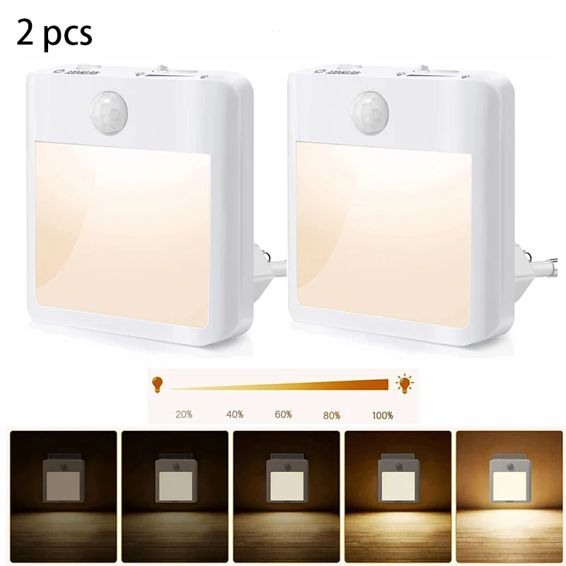 

2pcs LED Night Lights Motion Sensor EU US UK Plug Wireless Wall Lamp Stepless Dimming for Bedside Table Bedroom Stairs Light
