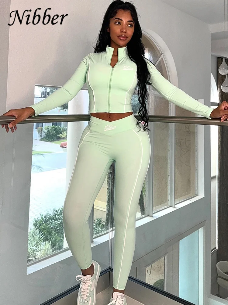 Nibber Casual 2 Piece Set Tracksuit Elastic Patchwork Stripe Tight Zip Crop Jacket+Leggings Matching Streetwear Sporty Suits