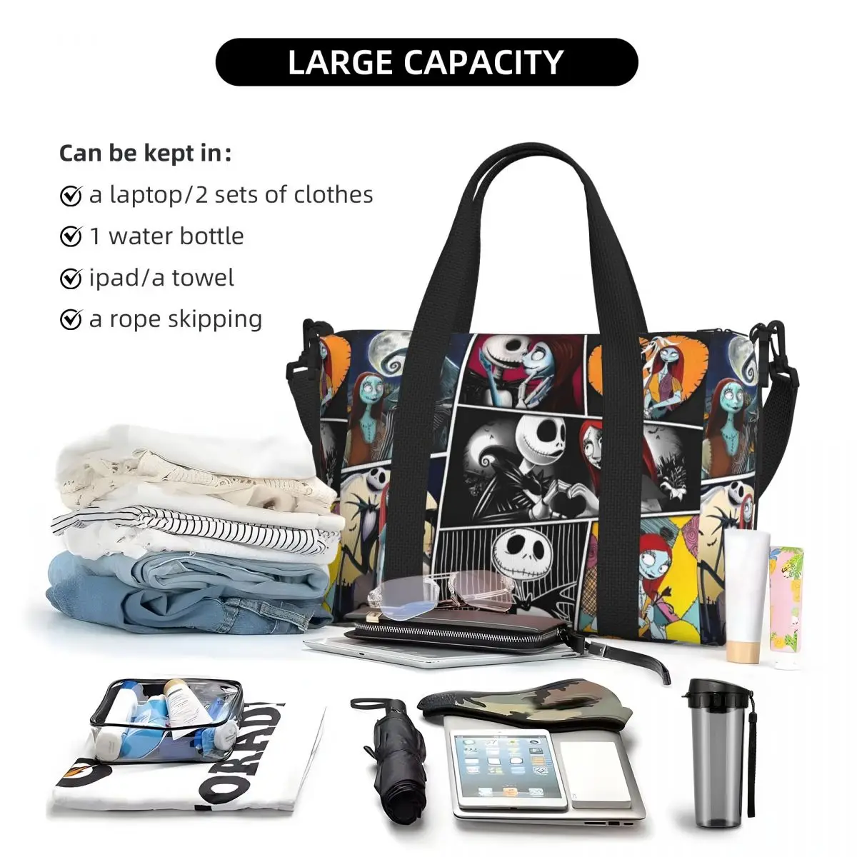 Custom Jack And Sally Collage Beach Tote Bag for  Extra Large Gym Carry On The Nightmare Before Christmas Travel Shopping Bags 5