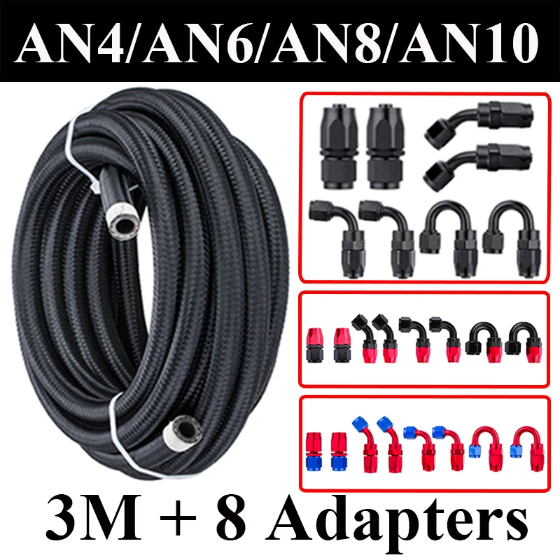 

3M AN4 AN6 AN8 AN10 Fuel Hose Oil Gas Cooler Hose Line Pipe Tube Nylon Braided CPE Rubber 0 45 90 180 Degree Fittings Hose End