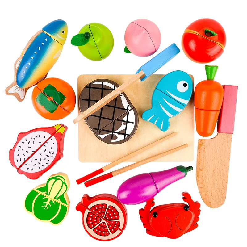 1PC Wood Pretend Play Cutting Toy Vegetable Fish Meat Food Toys Simulation Kitchen Toys Learning Education for Children Gift