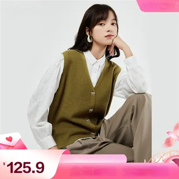 Giordano 스웨터 조끼 여성 가을 새로운 우아한 활 버튼 V-neck 카디건 니트 조끼 18353913