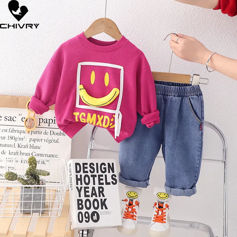 

Boys Girls Fashion Clothing Sets 2023 Kids Baby Spring Cartoon O-neck Sweatshirt Tops with Denim Pants Children Casual Clothes