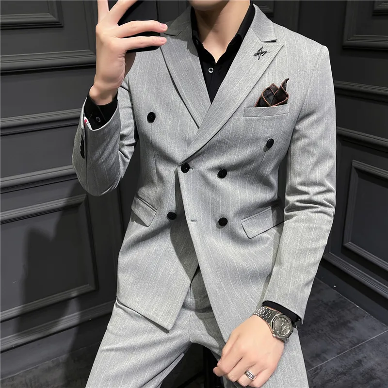High-quality New Men's Western Fit Casual Suit Business Temperament Double-breasted Striped Wedding Host Banquet Outfit | Мужская