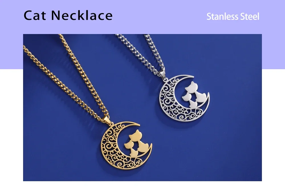 Stainless Steel Cat & Moon Necklace