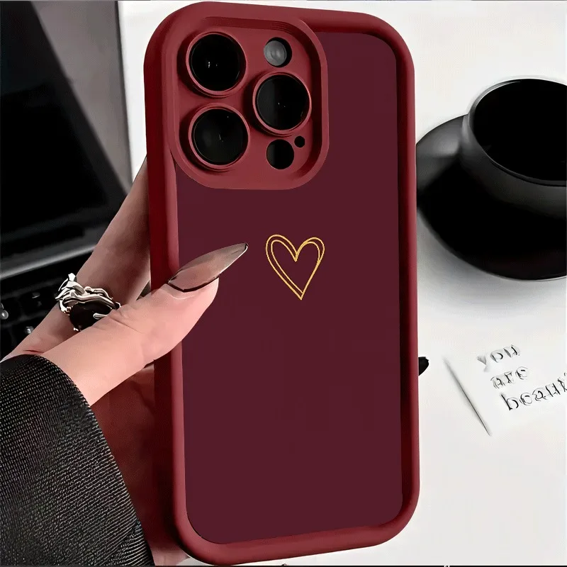 Goldenes Herzmuster auf Burgunderrotem Hintergrund Handyhülle für iPhone 17 16 15 Pro Max 14 13 12 11 XS X XR 7 8 Plus 16E 17 Air Cover