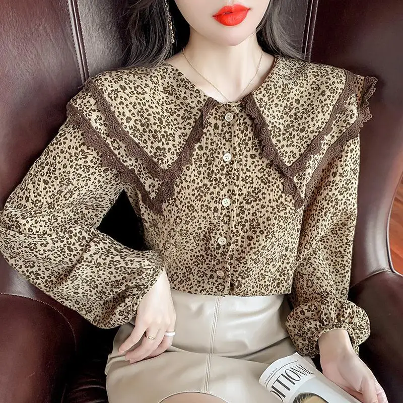 

Leopard print doll collar shirt women's spring and autumn tops 2022 new flower puff sleeve shirt tide harajuku shirt
