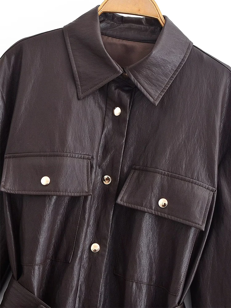 Women Faux Leather Jacket 2025 New Fashion With Belt Long Coat Chic Long Sleeve Single-Breasted Female High Street Outerwears ﻿