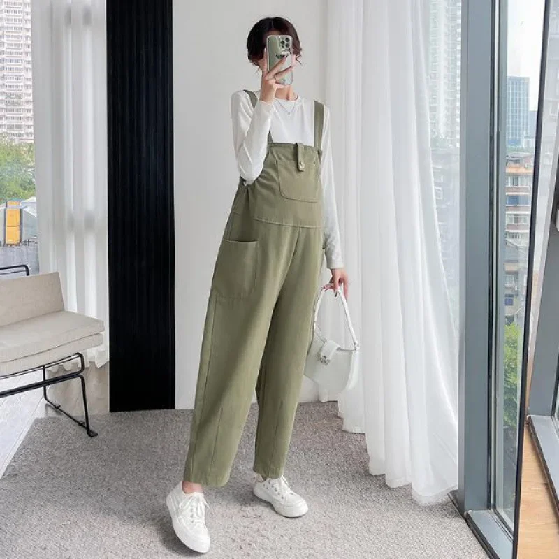 용수철 여성용 루즈핏 임산부 작업복 바지, 캐주얼 바지, 녹색 턱받이 바지, 임산부 의류 세트, 2024 새로운 스타일