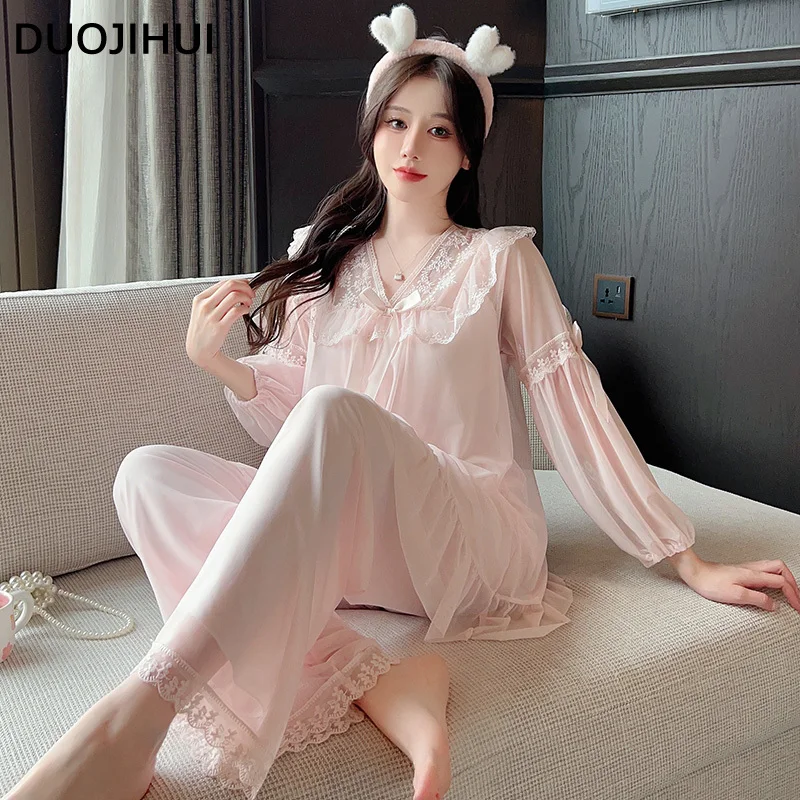 DUOJIHUI Pink Classic Autumn New Casual Home Pajamas for Women Fashion Loose Chicly Lace Solid Color Simple Female Pajamas Set