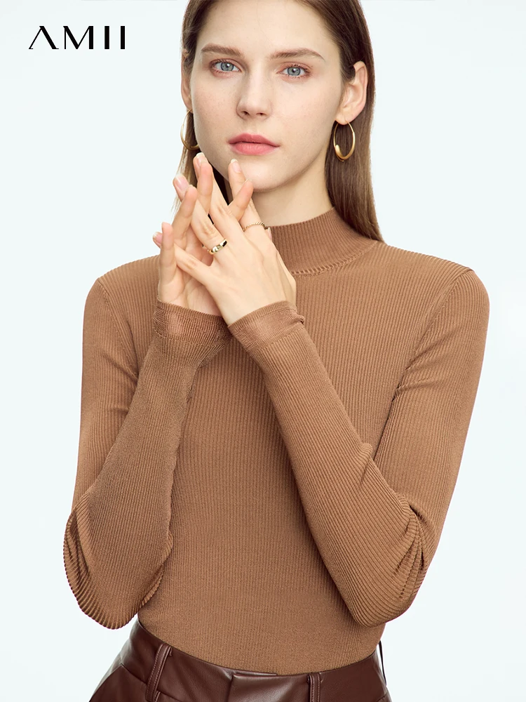 

Минималистичные свитера AMII с ложным воротником для женщин, Новинка осени 2023, облегающий универсальный базовый топ с длинным рукавом, однотонные пуловеры 12323001