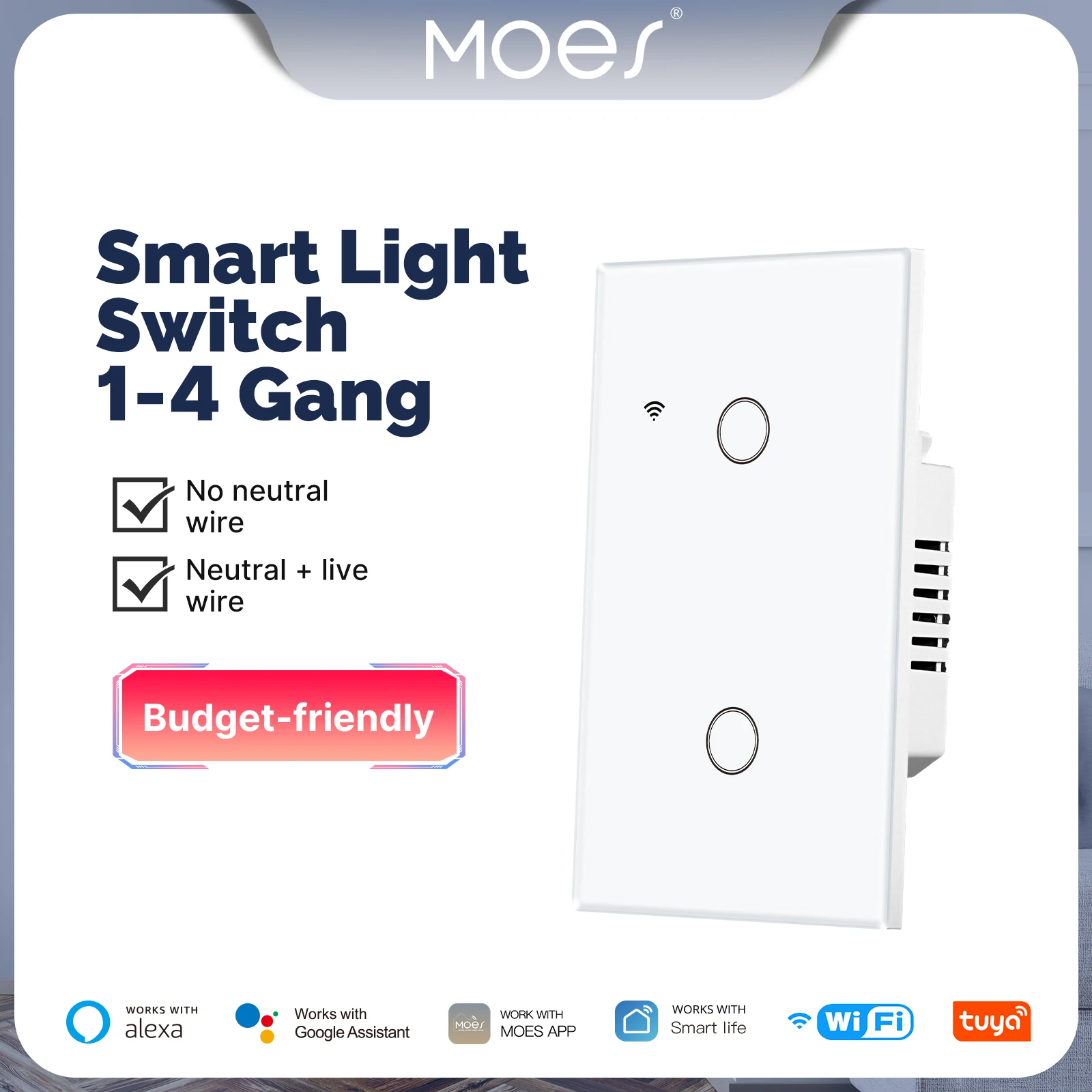 Tuya WiFi Smart Light Switch Glass Touch Control Fireproof No Neutral Wire Required Remote Control Work With Alexa Google Home