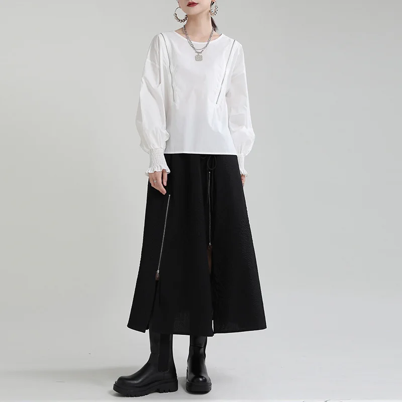 2024 Spring new solid color zipper bubble sleeve crewneck pullover white Japanese long-sleeved shirt