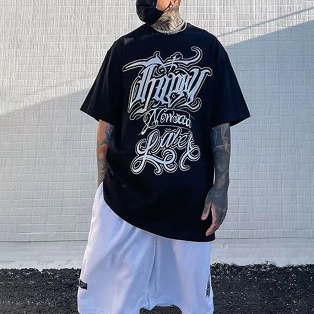 

Pure Cotton Hip-hop Casual Short-sleeved T-shirt 2024 Summer New Chicano Print Street Retro Loose All-match Top Men's Clothing