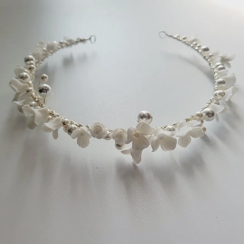 SLBRIDAL Handmade Luxury Rhinestone Crystal Pearls Porcelain Flower Bridal Tiara Wedding Crown Bridesmaids Women Hair Jewelry