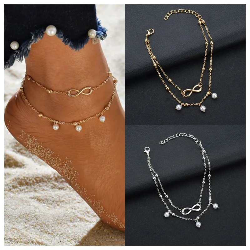 Set Bohemia Foot Beach Anklets Women Fashion Barefoot Chain Jewelry 2PCS Retro Pearl Heart Infinity Anklet Bracelet ankle chains silver anklet bracelet beads anklet fashion accessories
