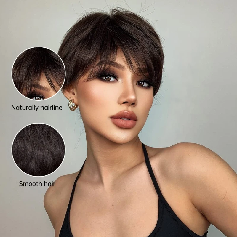 Fashion Short Straight with Bang Dark Brown Pixie Cut Wig for Women Hair Synthetic Heat Resistance Natural Looking for Daily Use - Image 2