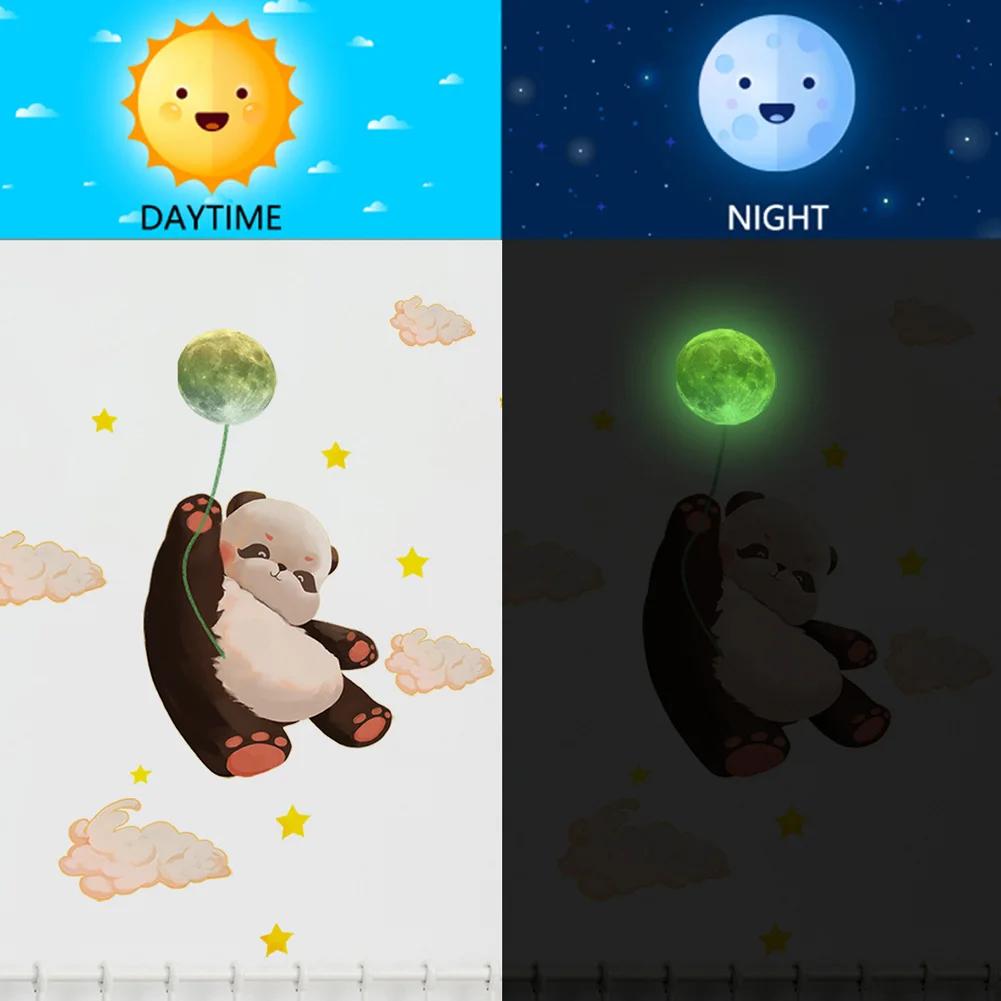 Panda Moon Luminous Wall Sticker Baby Kids Room Bedroom Home Decor Clouds Stars Decals Glow In The Dark Decorations Stickers