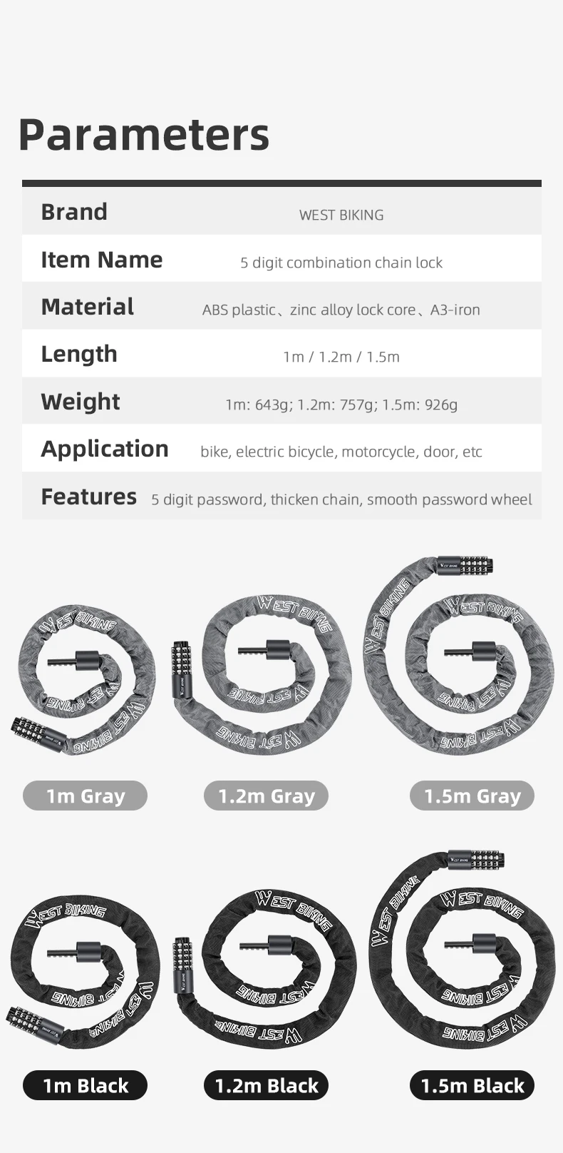 WEST BIKING Bicycle Anti-Theft Lock 5 Digits Combination Password Lock Bike Safe Chain Lock Scooter MTB Road E-Bike Accessories