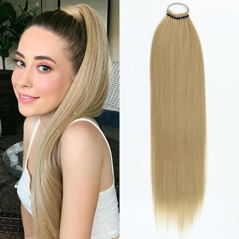 Fake hair extensions Synthetic Straight Ponytail Elastic Band Wrap Around Ponytail Extension Heat Resistant For Women