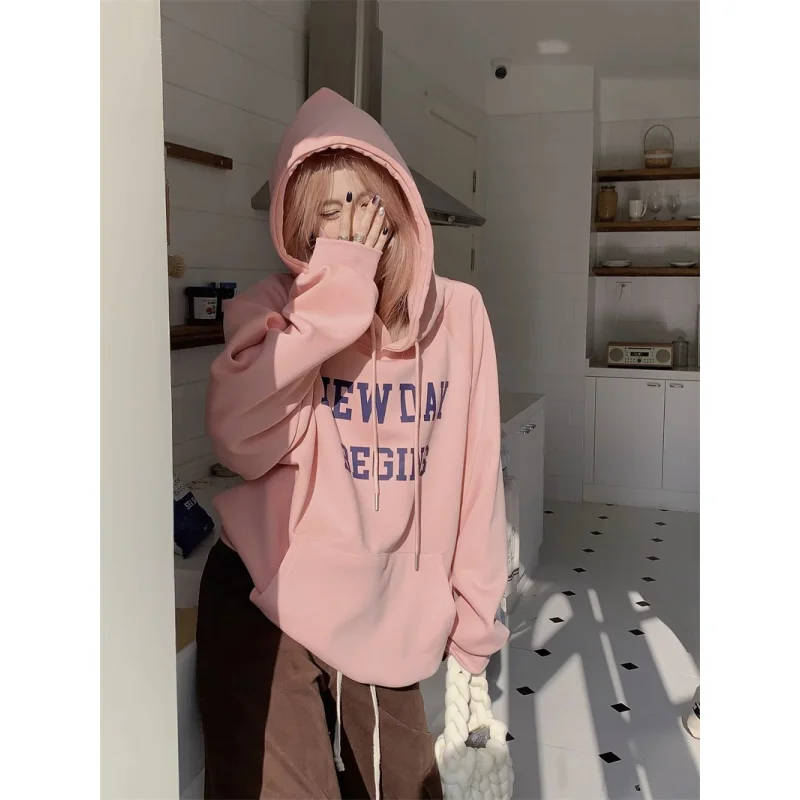 

Pink Women Sweatshirt Hoodie Vintage Letter Printing Long Sleeve Korean Fashion Casual Y2K Autumn Female Grey Pullover Tops