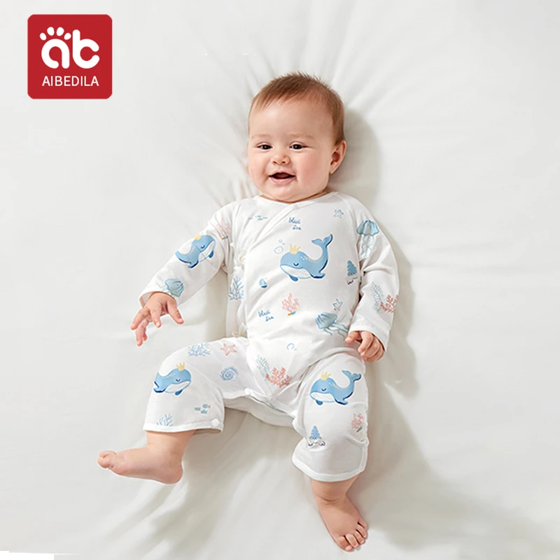 AIBEDILA Newborn Baby Clothes Summer Ventilate Children Pajamas Kids Baby Pure Cotton Jumpsuit Lace Up Ultrathin Long sleeved