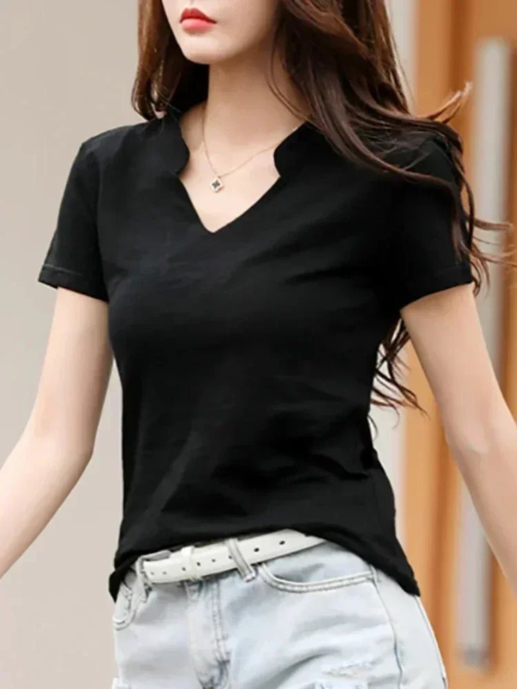 2026 sommer Bambus Baumwolle T-Shirt Baumwolle Frauen V-ausschnitt Weiche T-shirts Weibliche Grundlegende Mode Klassische S-3XL Damen Tops