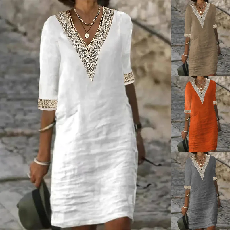 Women Cotton Linen Mini Dresses Summer Fashion Retro Solid V Neck Loose Dress Female Casual Elegant Mid-Sleeve Dress Vestidos 2