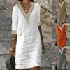 Women Cotton Linen Mini Dresses Summer Fashion Retro Solid V Neck Loose Dress Female Casual Elegant Mid-Sleeve Dress Vestidos 2