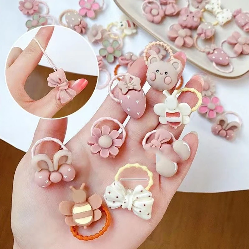 20 pieces/unit cute cartoon bear rabbit hair ties for girls elastic rubber headbands flower bow baby hair accessories children's ornaments