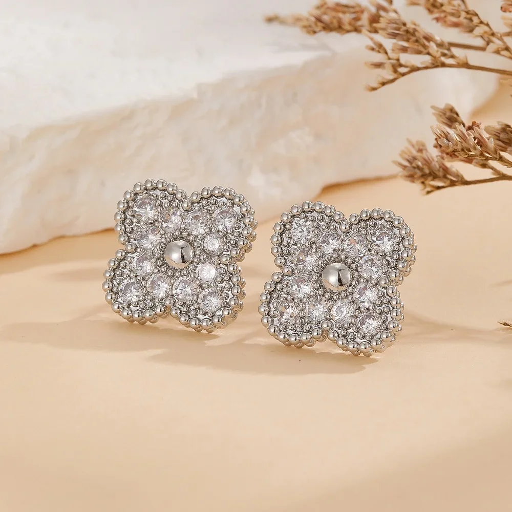 Four Leaf Earrings Micro Inlaid Zircon Series Four Leaf Lucky Earrings For Girls