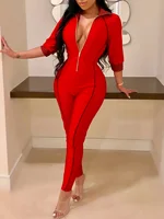 Solid Zipper 3/4 Sleeve Skinny Jumpsuit, Sports Long Length Sexy Party Jumpsuit, Women's Clothing - Image 3