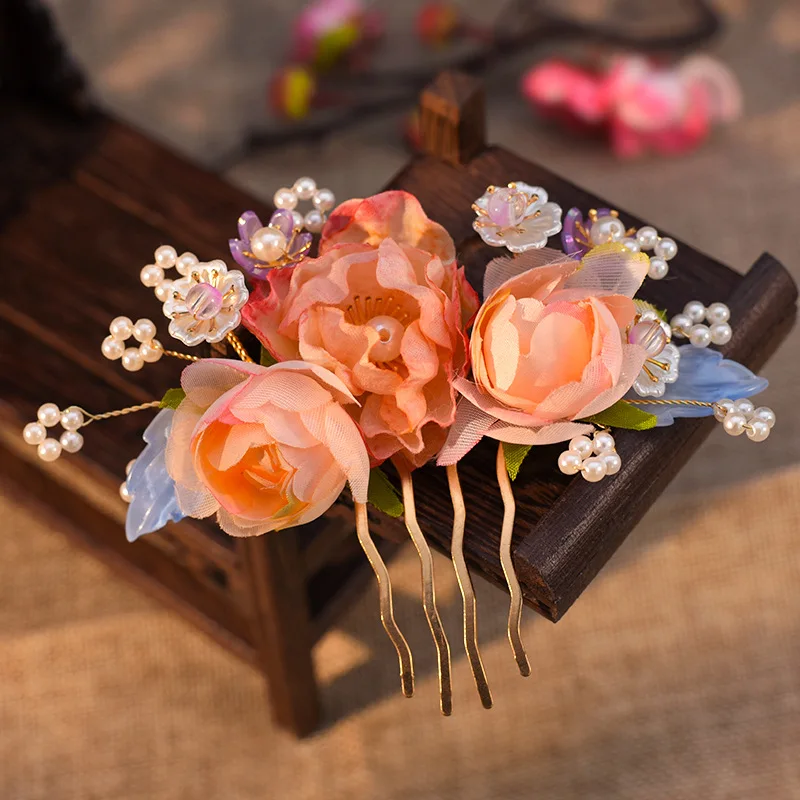 Fairy Hair Comb Chinese Style Flower Hairpin Forks for Women Hanfu Party Decor Beads Vintage Hair Jewelry Photograph Headpiece hair comb,hair accessory,pearl hairpins