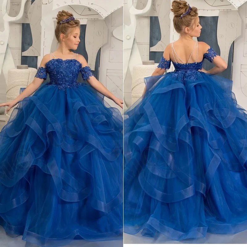 

Royal Blue Beads Flower Girl Dress Ball Gown Straps Birthday Wedding Party Dresses Costumes First Communion Drop Shipping