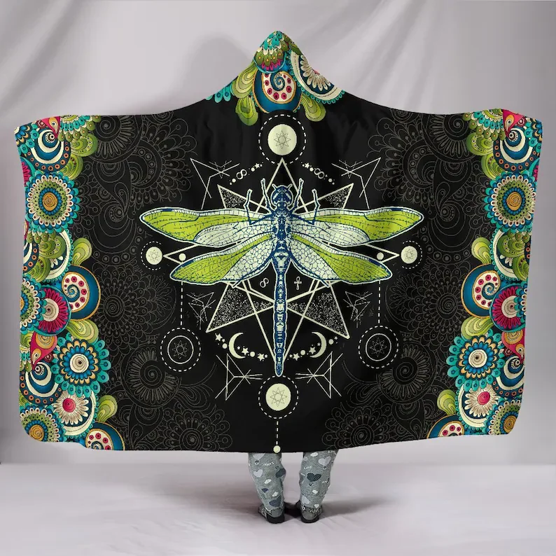 

Mystical Dragonfly Mandala Hooded Blanket - Sacred Geometry Spiritual Throw, Meaning Of Life, Celestial Dragon-fly, Wearable Bla